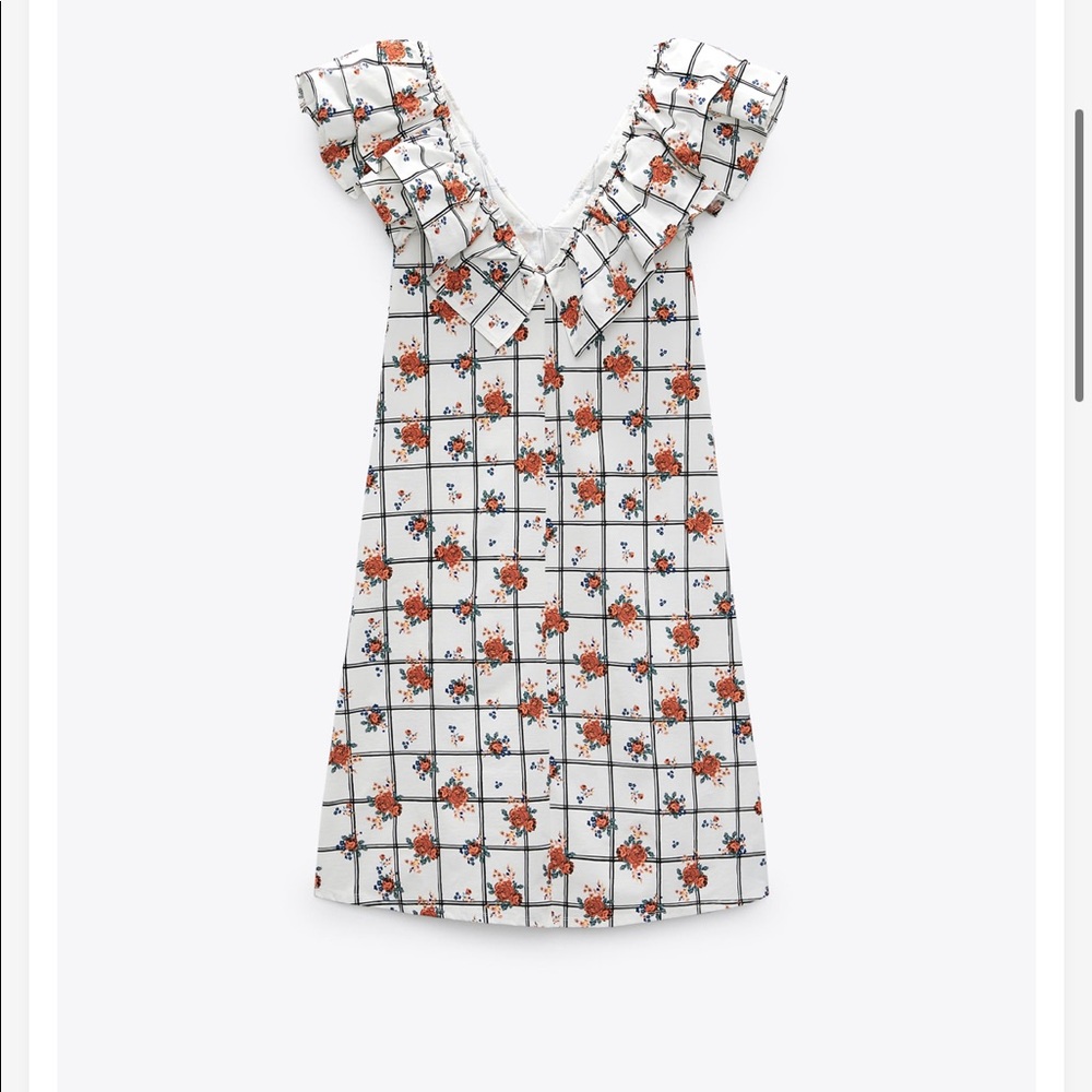 Zara White Black Floral Lattice Ruffle Sleeve Dress - NEW - S 4770451064 - Picture 3 of 8